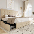 Upholstered Queen Size Platform Bed Frame with 4 Storage Drawers and Headboard, Square Stitched Button Tufted, Mattress Foundation with Wooden Slats Support, No Box Spring Needed, Light Grey
