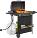 4+1 Burner Propane Gas BBQ Grill, Portable Gas Barbecue Grill with Side Burner, Thermometer, Lid, Side Table, Shelf, Spice Rack, Wheels, Grease Cup for Garden, Black