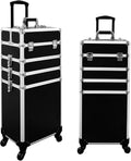 4 in 1 Professional Rolling Aluminum Cosmetic Makeup Train Organizer Storage Case Artist Train Case Salon Beauty Cosmetic Jewelry Organizer Trolley with 4 Wheels (All Black)