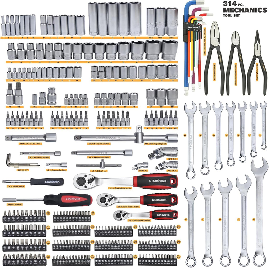 314-Piece Mechanics Tool Set and Socket Set, Professional Metric Set