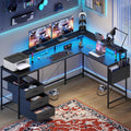 3 Drawers L Shaped Desk 63 Inch, 2 Power Strips (6 AC) and LED, Large Gaming Desk & 2 Monitor Stands, L Shape Computer Desk, Stable and Sturdy Home Office Desk, Fabric Drawers, Black