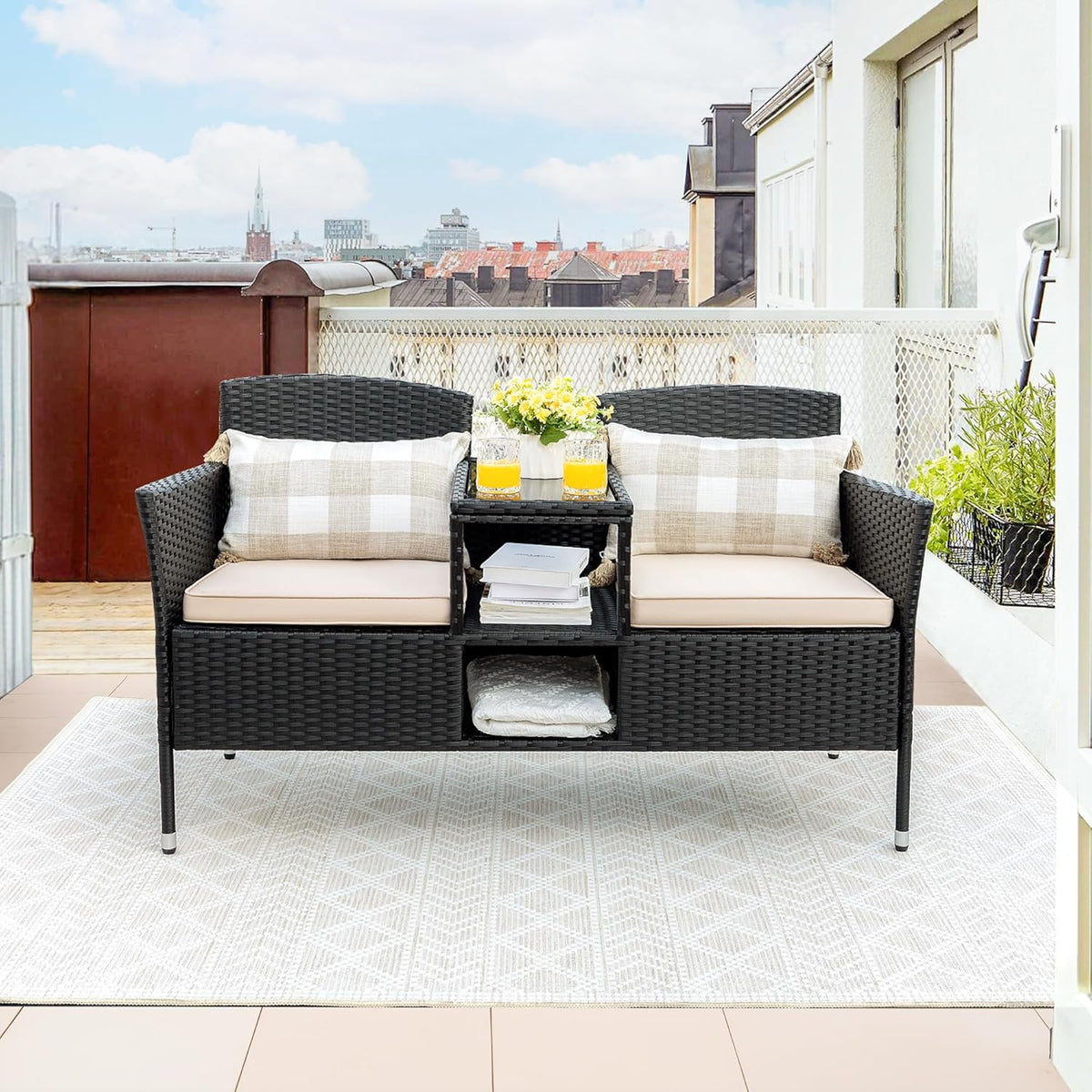 Outdoor Furniture Patio Loveseat Wicker 2-Seat with Built-in Table and Cushions Rattan Porch Chairs Bench for Balcony, Lawn, Backyard (Beige)