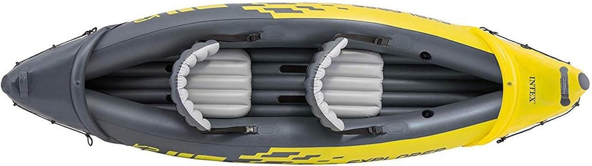 Explorer K2 Inflatable Kayak Set: Includes luxurious 86-inch aluminum paddle and high-output pump - extremely durable PVC material - adjustable seat with backrest - suitable for two people - maximum weight capacity 400 pounds