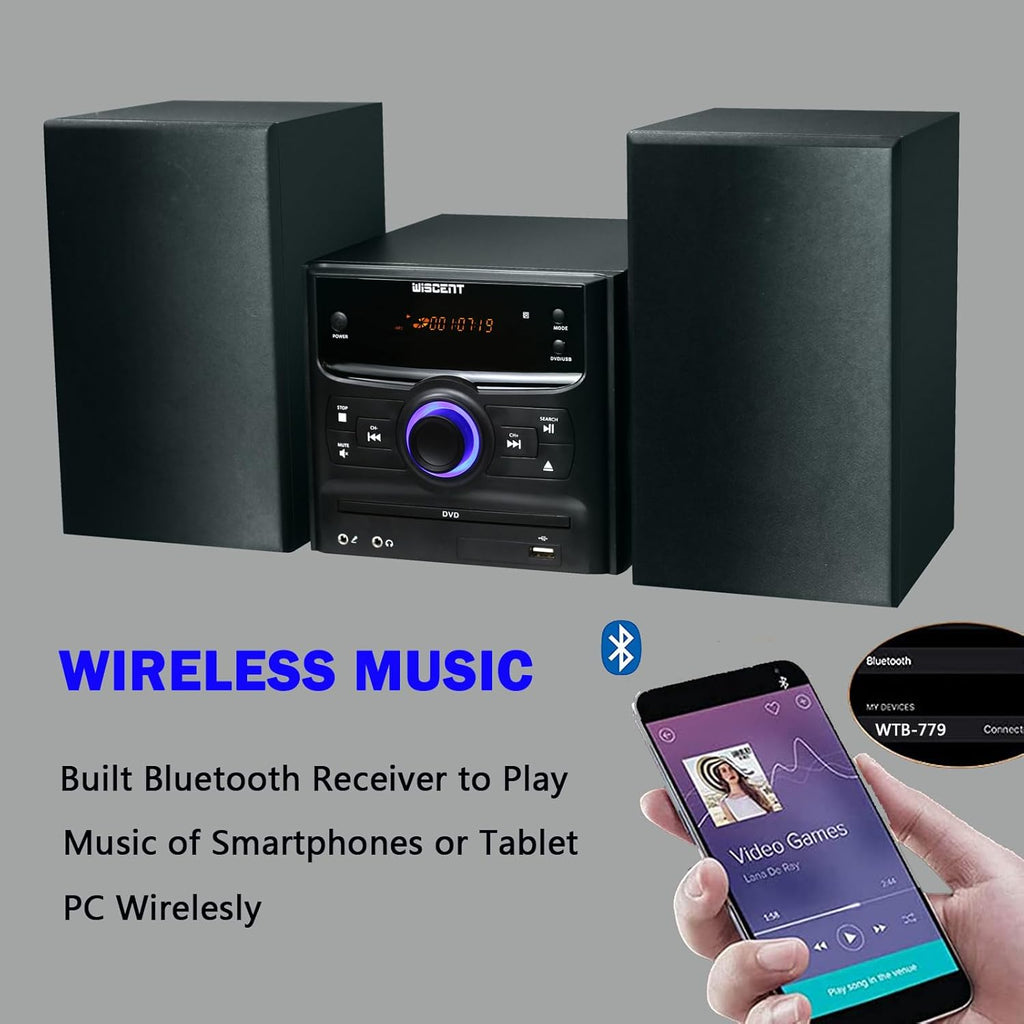 Bluetooth Stereo System, CD Player, Wireless Streaming, MP3, USB, Audio in, FM Radio, 30W, Micro Sound System