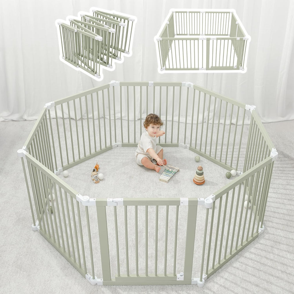 Baby Playpen & Gate - 144 x 144 x 63 cm, Extends Up to 579 cm - Pine Wood Foldable Playpen with Child-Proof Lock - Safe Play Fence Easy Assembly Baby Play Yard - Light Wood White